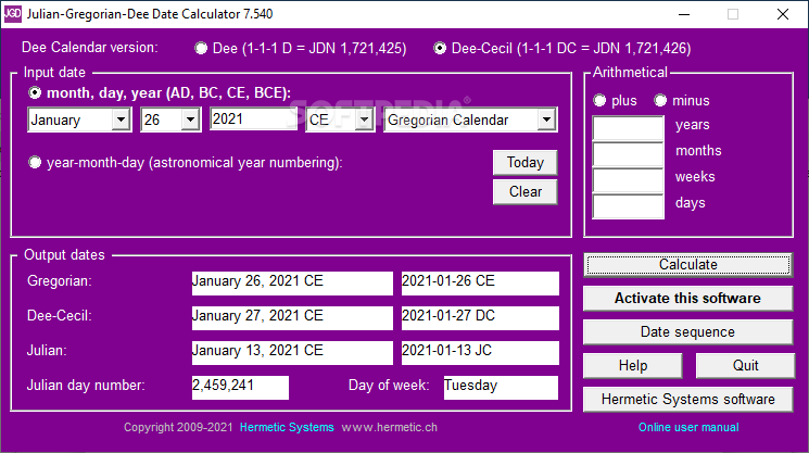 Photo #1 for Julian-Gregorian-Dee Date Calculator