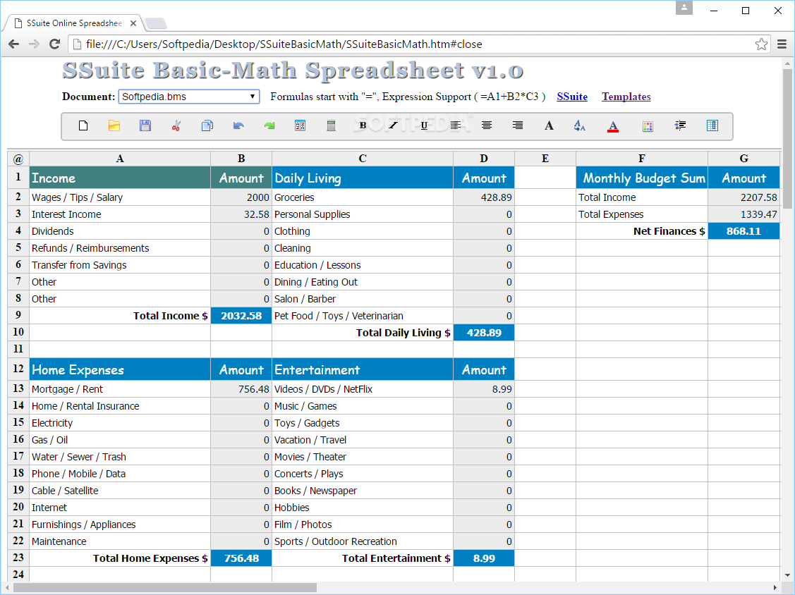 Photo #1 for SSuite Basic-Math Spreadsheet